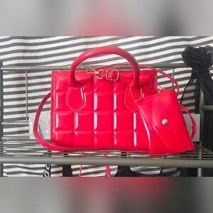 SHEIN Minimalist Embossed Plaid Handbag With Matching Coin Purse in Fire Red NEW